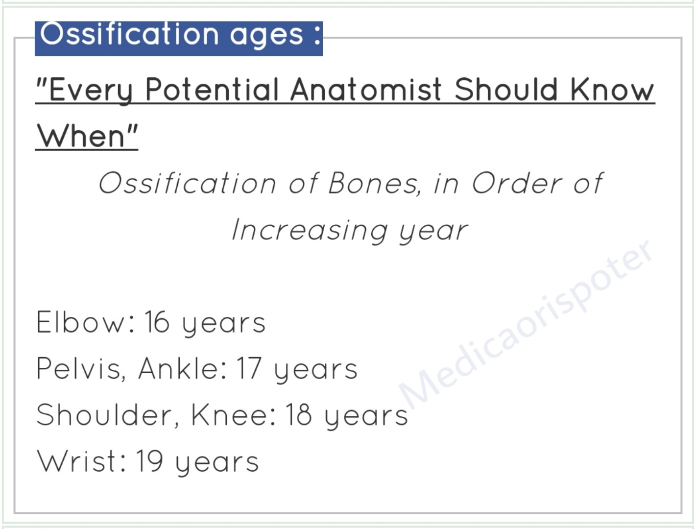 Ossification time for Upper Limb Bones